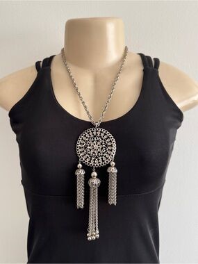 Vintage Silver-Tone Filigree Medallion Tassel Pendant Necklace
